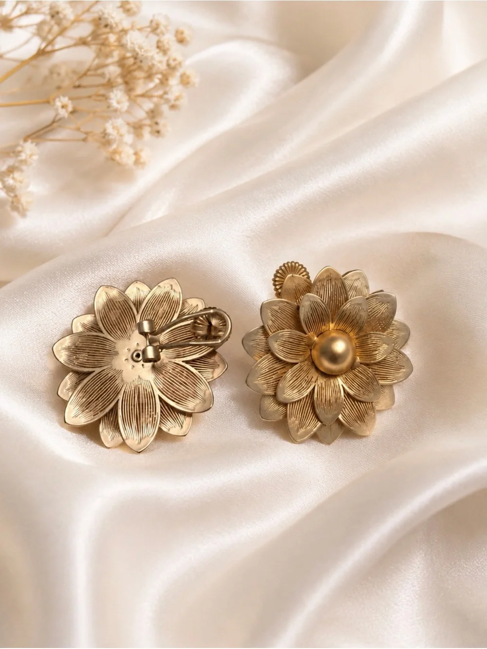 Gold Floral Clip-On Earrings - Elegant Flower Design